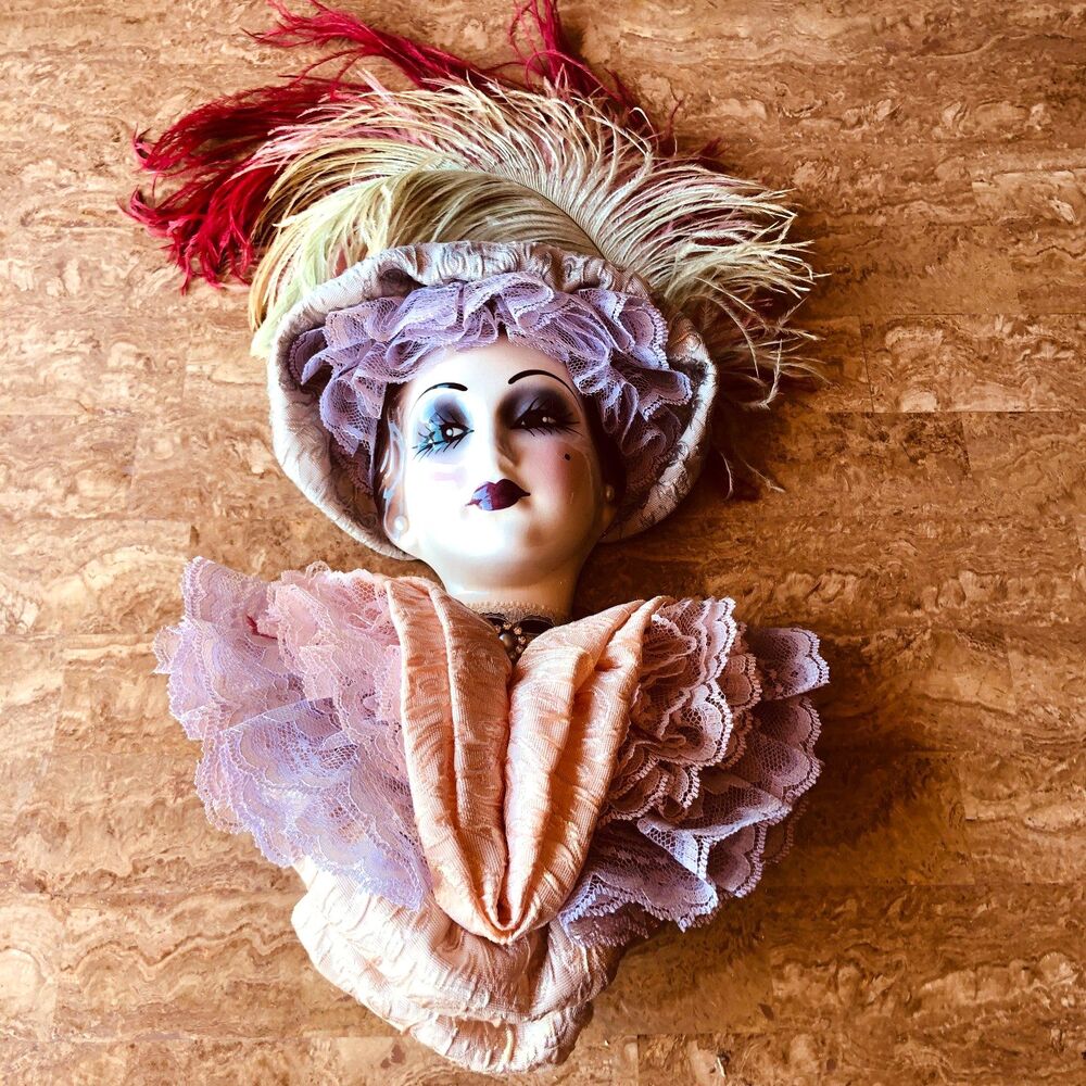 Vintage Unique Creations SF Porcelain Woman Bust Wall Mask Feather Victorian